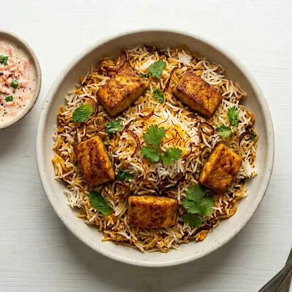 Achari fish biryani with carrot raita